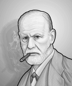 Illustration: Ein älterer, leicht grimmig dreinblickender Herr im Anzug mit Zigarre im Mundwinkel: Porträt von Sigmund Freud im Alter von etwa 65 Jahren. Er gilt als Wegbereiter der modernen Traumdeutung.