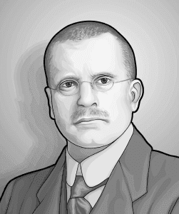 Illustration: Ein jüngerer Mann im Anzug mit Kurzhaarschnitt, Schnauzbart und kleiner runder Brille: Portrait von Carl Gustav Jung. Er gilt als Pionier der heutigen Traumdeutung.