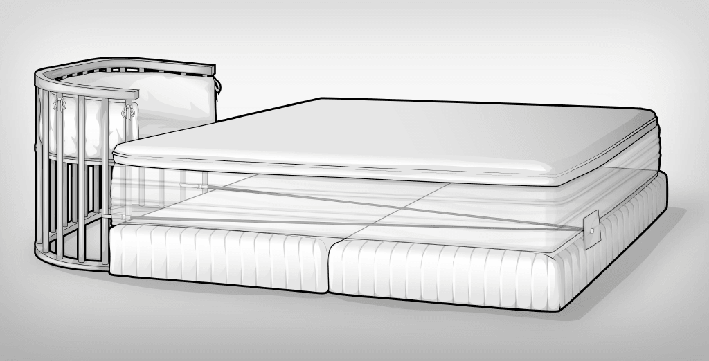 Illustration: Ein Beistellbett wird an einem Boxspringbett befestigt. Ein längenverstellbares Band wird zwischen Box und Matratze durchgezogen, um das Beistellbett sicher zu befestigen.