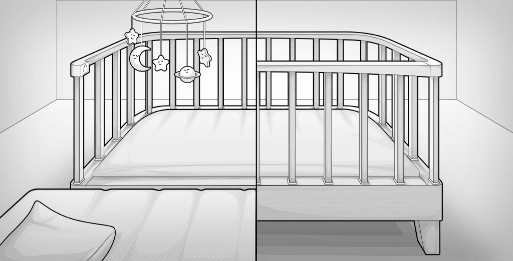 Illustration: Beistellbett, das am Elternbett befestigt ist und sich zu einem Stubenwagen umfunktionieren lässt.