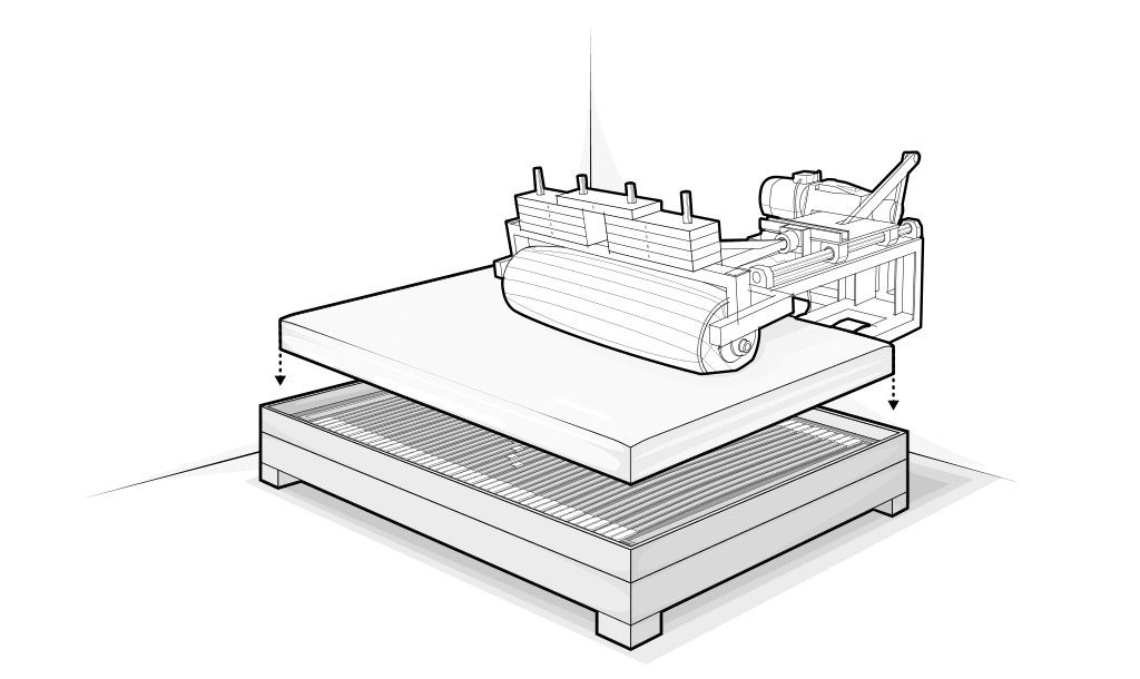 Illustration: Die große mechanische Walze der Stiftung Warentest rollt symbolhaft über eine Matratze auf einem Bettgestell mit Lattenrost.