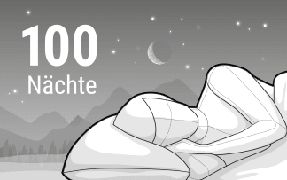 Illustration: Eine Person liegt in Seitenlage mit dem Kopf auf einem Kissen; darüber steht „100 Nächte“.