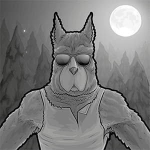 Illustration: ein Werwolf mit Sonnenbrille und aufgerissenem Muskelshirt steht im Wald über dem ein Vollmond scheint.