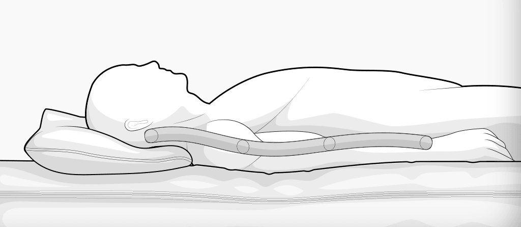 Illustration: Eine Person liegt in Rückenlage auf einer ergonomischen Matratze. Eine geschwungene Linie zeigt, dass die natürliche Doppel-S-Krümmung der Wirbelsäule beibehalten wird.