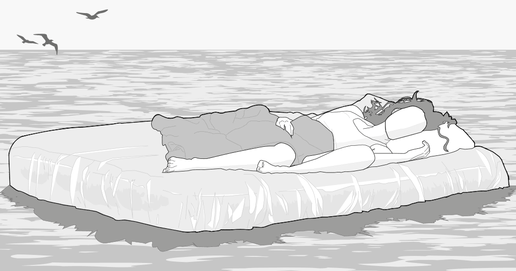 Illustration: Auf offener See schwimmt eine Luftmatratze. Darauf liegend schläft eine Frau.