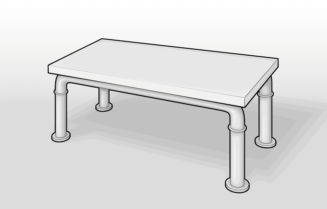 Illustration: Ein Betttablett aus einem Holzbrett und Tischbeinen aus Wasserrohren