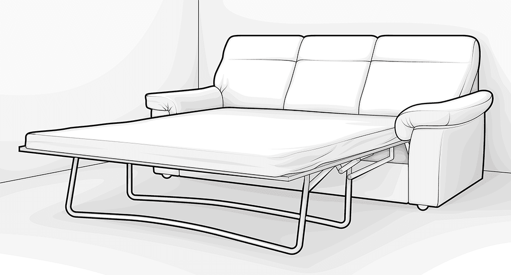 Illustration: ein ausgeklapptes 3-Sitzer-Sofa mit Schlaffunktion