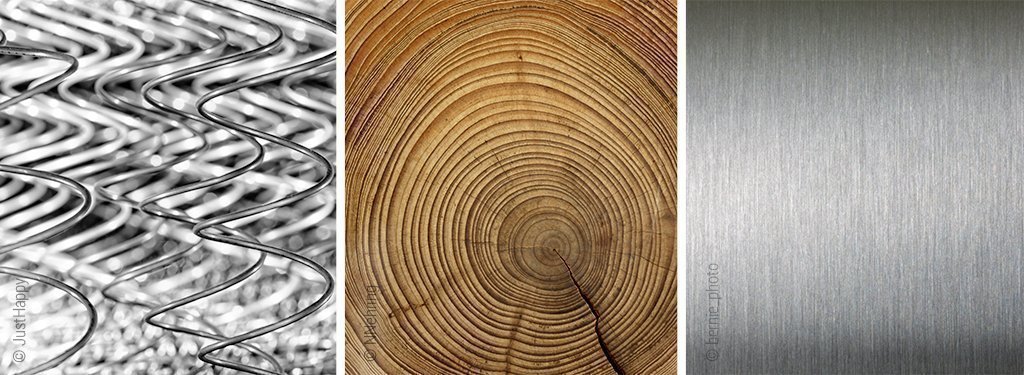 Fotoreihe von verschiedenen Materialien: Federn, Holz und Metal.
