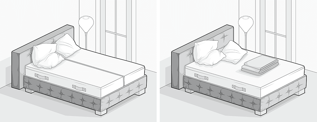 Zwei Illustrationen: links: ein Boxspringbett 160x200 cm mit zwei Matratzen 80x200 cm; rechts: ein Boxspringbett 160x200 cm mit einer durchgängigen Matratze.