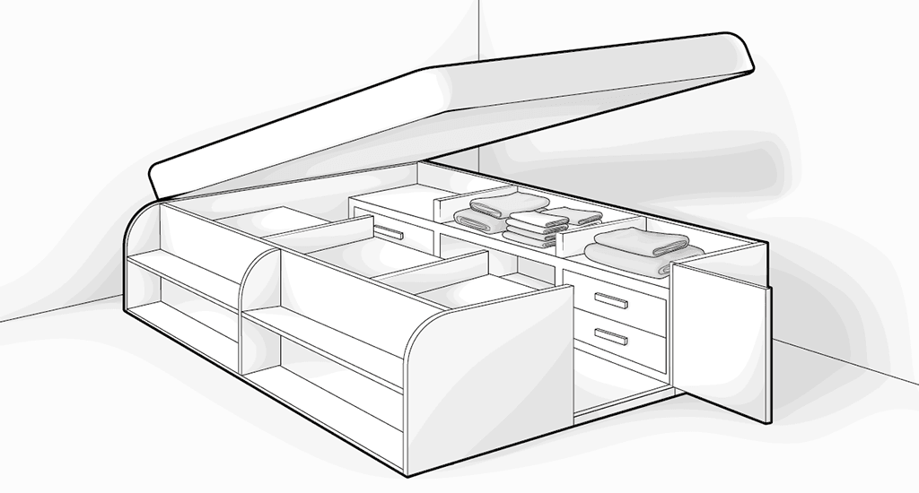 Illustration: Ein Funktionsbett, bei dem die Liegefläche hochgeklappt ist und im Inneren verschiedene Schubladen und kleine Schränke zum Begehen verbaut sind.