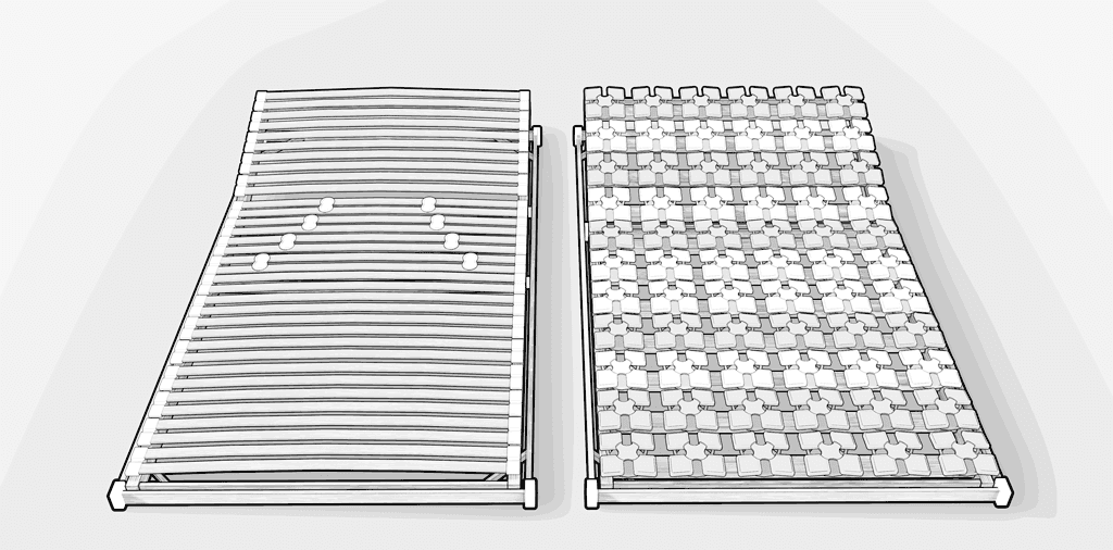 Illustration: Links ein Lattenrost mit Querleisten vergleichend neben einem Tellerlattenrost rechts.