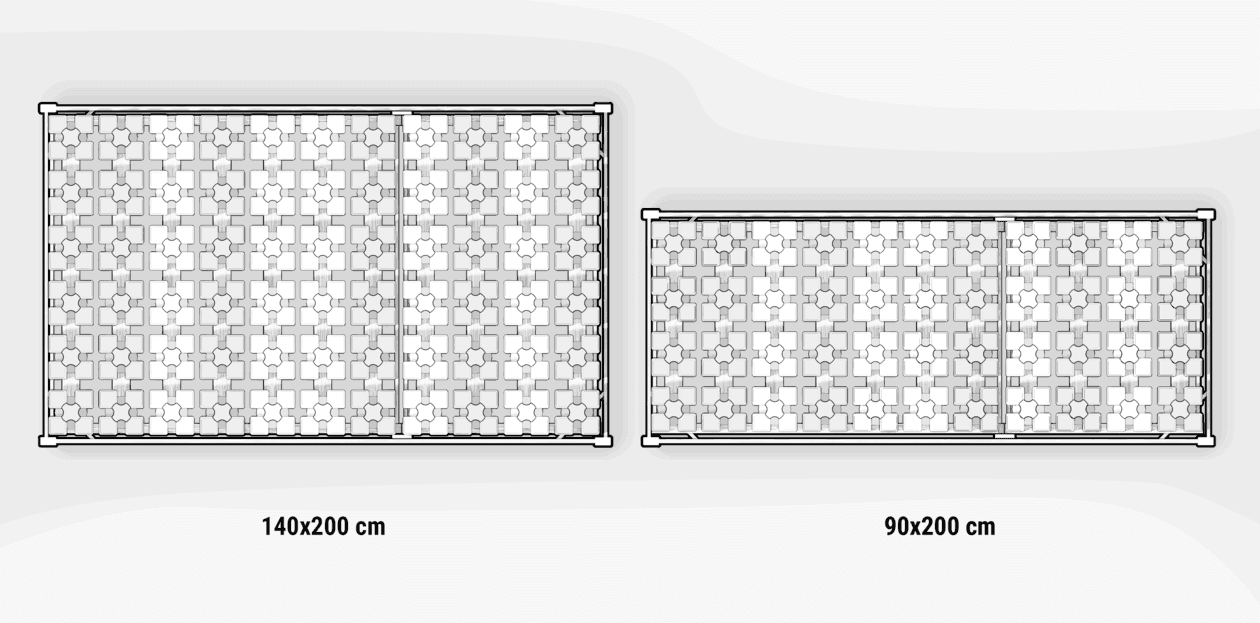 Illustration: 140x200 sowie 90x200 Tellerlattenrost.