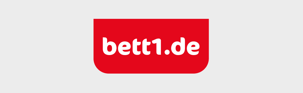 Grafik: Das rote Logo von bett1.de mit dem Firmennamen in weißer Schrift vor einem grauen Hintergrund.