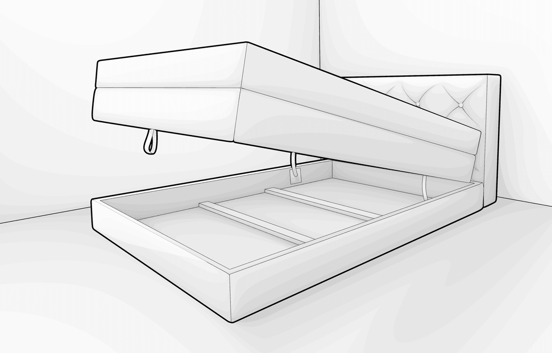 Illustration: Ein Boxspringbett 140x200 cm mit Stauraum, das hochgeklappt ist und so den Bettkasten zugänglich macht.