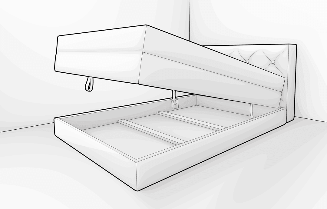 Illustration: Ein geöffnetes Bett mit Bettkasten.