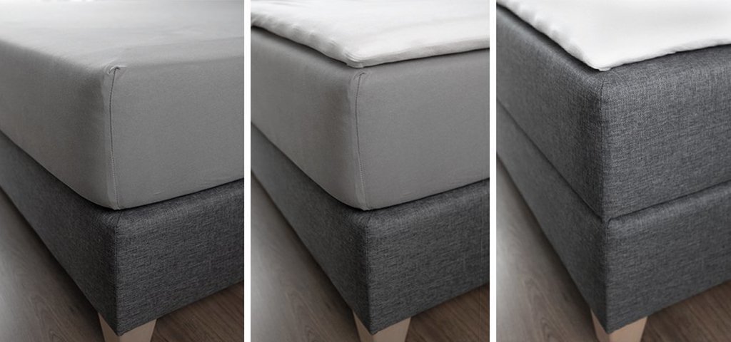 3 Fotos vom selben Boxspringbett nebeneinander: 1. Spannbettlaken nur auf der Matratze, 2. Spannbettlaken auf Matratze und darüber ein Topper, 3. Matratze samt Topper ohne Spannbettlaken.