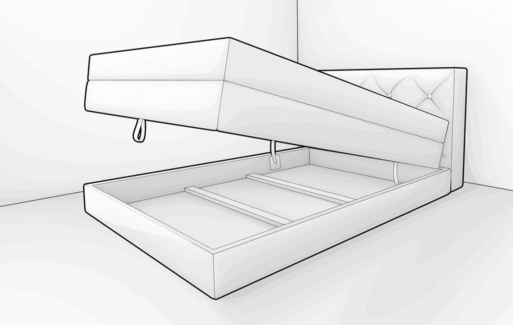 Illustration: Ein am Kopfende hochgeklapptes Boxspringbett 90x200 cm unter dessen Liegefläche sich Stauraum offenbart.