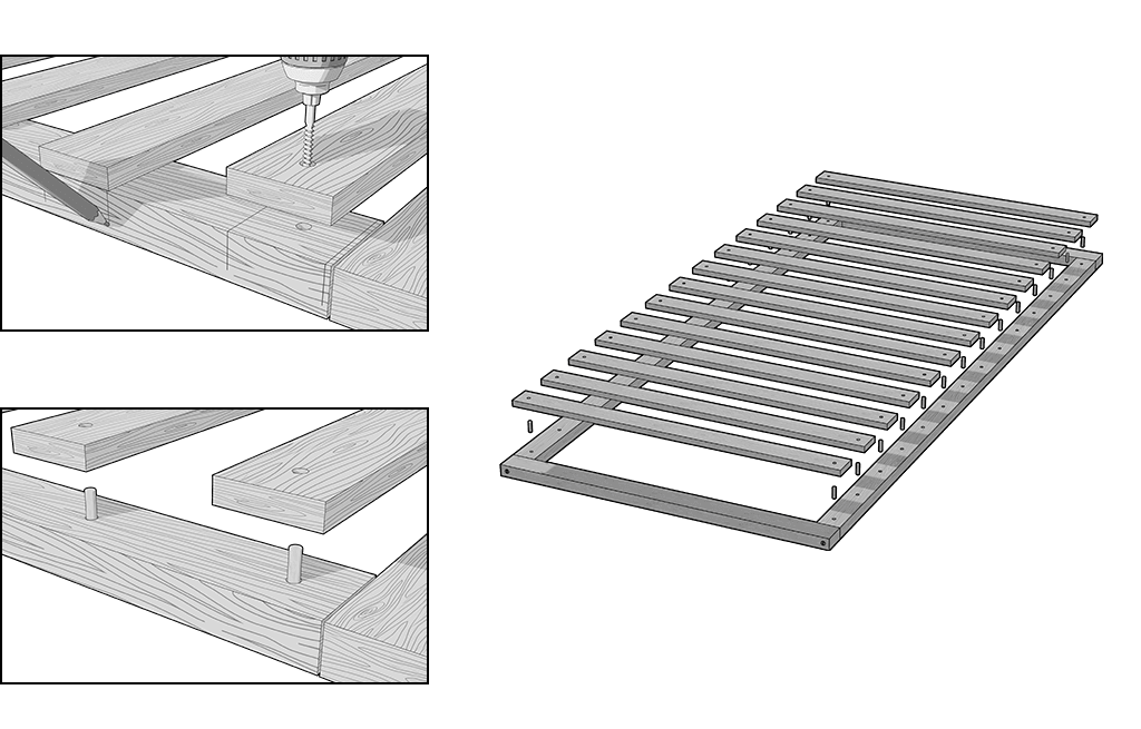 Illustration: links Detailaufnahmen zum Anzeichnen der Position der Latten, darunter zum Auflegen der Latten auf den gedübelten Rahmen. Rechts das Gesamtbild: Unten der Rahmen:darüber schweben die Dübel zum Aufstecken der darüberschwebenden Latten.