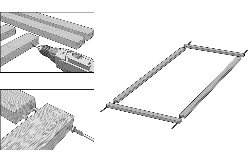 Illustration: Rechts: Anordnung der Rahmenhölzer und Schraubverbindungen. Links: Detailaufnahmen von Bohrungen und Schraubungen an Längs- und Querleisten.