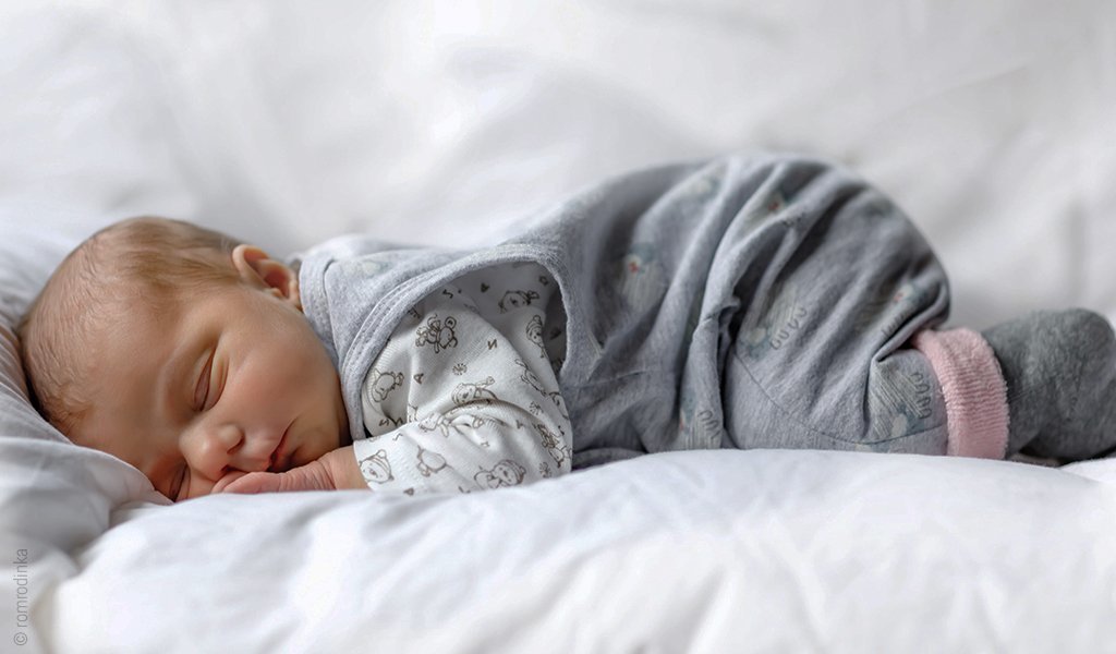 Symbolbild Babyschlaf: ein auf dem Bauch schlafendes Baby liegt auf der Bettdecke.