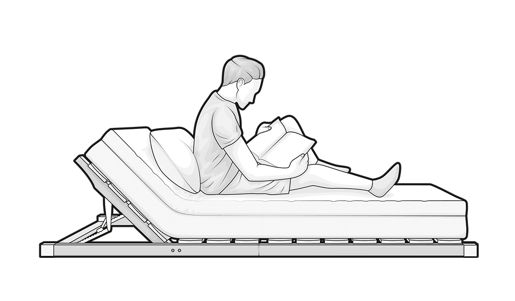 Illustration: Auf einem Lattenrost mit angehobenem Kopfteil samt Matratze sitzt eine Person aufrecht und liest ein Buch.