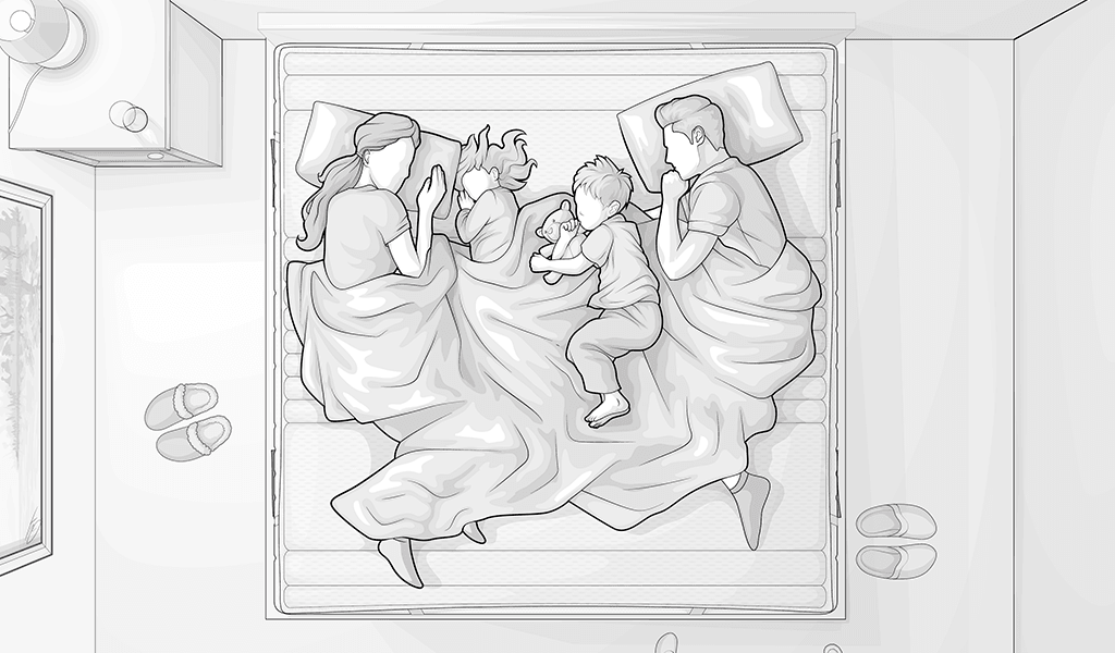 Illustration: Zwei erwachsene Personen und zwei Kinder teilen sich ein großes Bett.