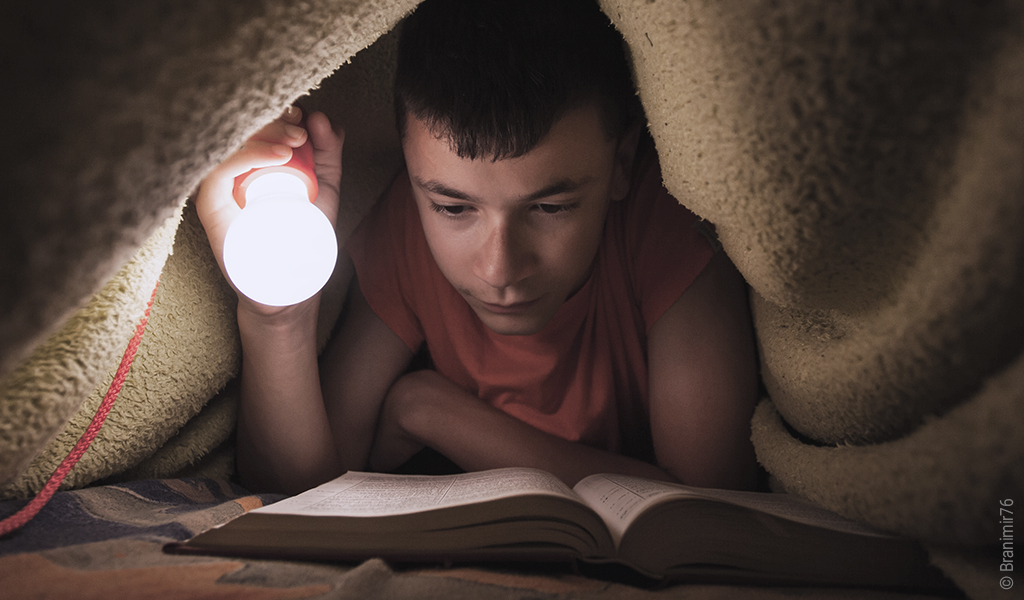 Foto: Eine Person hat sich unter einer Bettdecke versteckt und beleuchtet ein Buch mit einer Taschenlampe.
