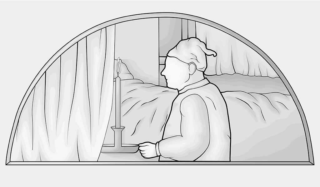 Illustration: In einem Schlafzimmerspiegel ist die Silhouette einer Person zu sehen. Sie ist mit Schlafanzug und einer Schlafmütze bekleidet und trägt eine Kerze.