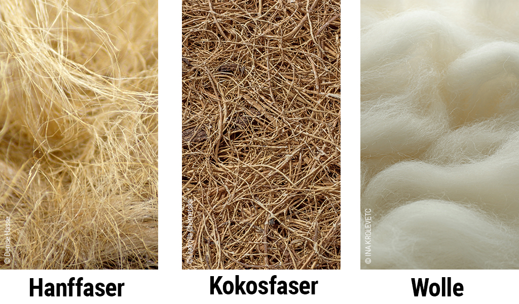 Fotos verschiedener Naturmaterialien nebeneinander v. l. n. r.: Hanffaser, Kokosfaser, Wolle