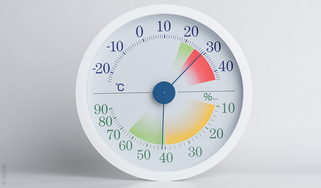 Foto: Ein rundes Hygrometer mit einer farbigen Temperaturanzeige von minus zwanzig bis plus 40 Grad Celsius und einer farbigen Luftfeuchtigkeitsanzeige von zehn bis 90 Prozent.