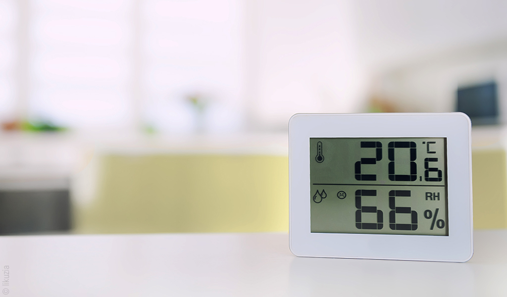 Foto: Ein Hygrometer mit Digital-Display zeigt eine Temperatur von 20,6 Grad Celsius und eine relative Luftfeuchtigkeit von 66 Prozent an.