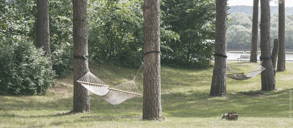 Foto: In einem Park ist eine Hängematte zwischen die Bäume gespannt.