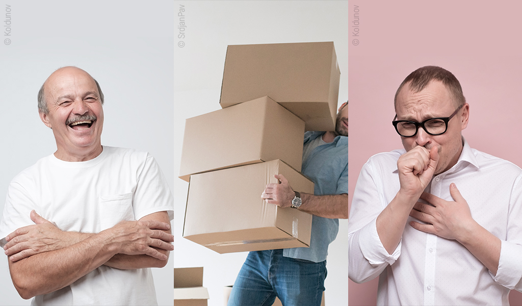 Fotocollage aus drei Fotos: Eine Person lacht mit verschränkten Armen vor der Brust, eine Person trägt drei große Pappkartons vor dem Körper, eine Person hustet mit zur Faust geballter Hand vor dem Mund.