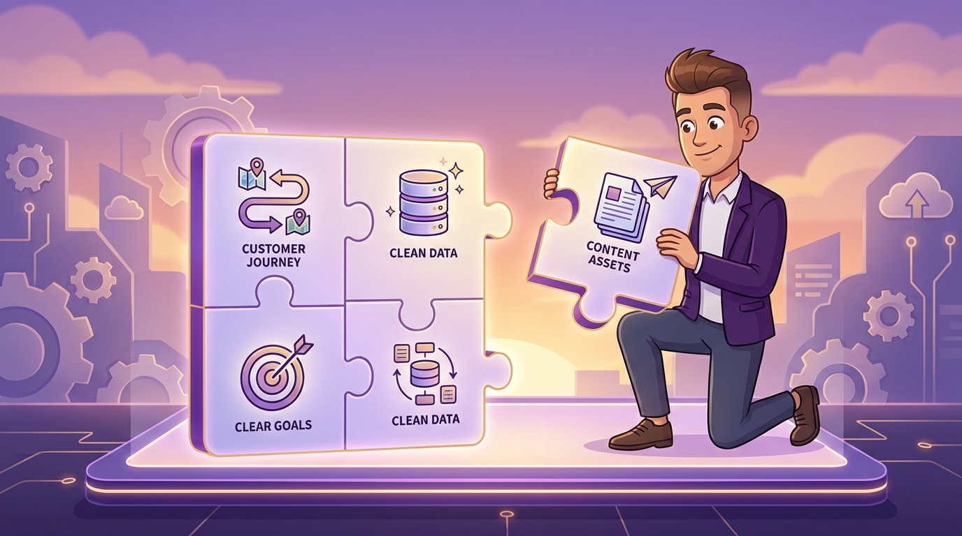 A professional cartoon illustration depicting the foundational building blocks required for successful marketing automat