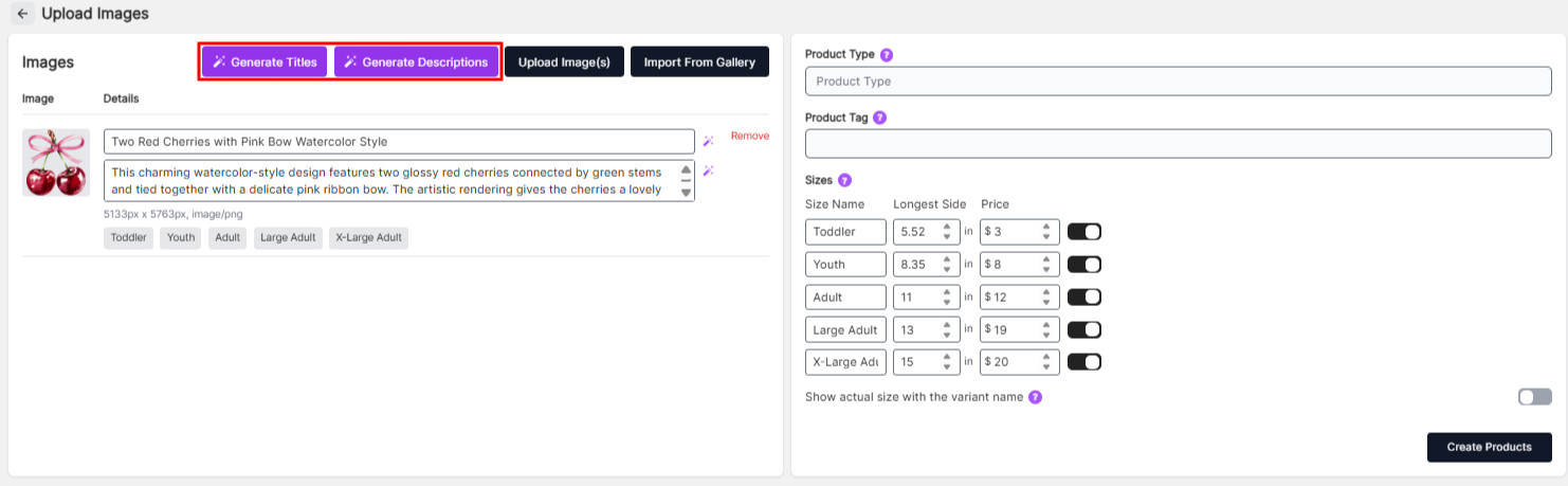 Generate title and description buttons