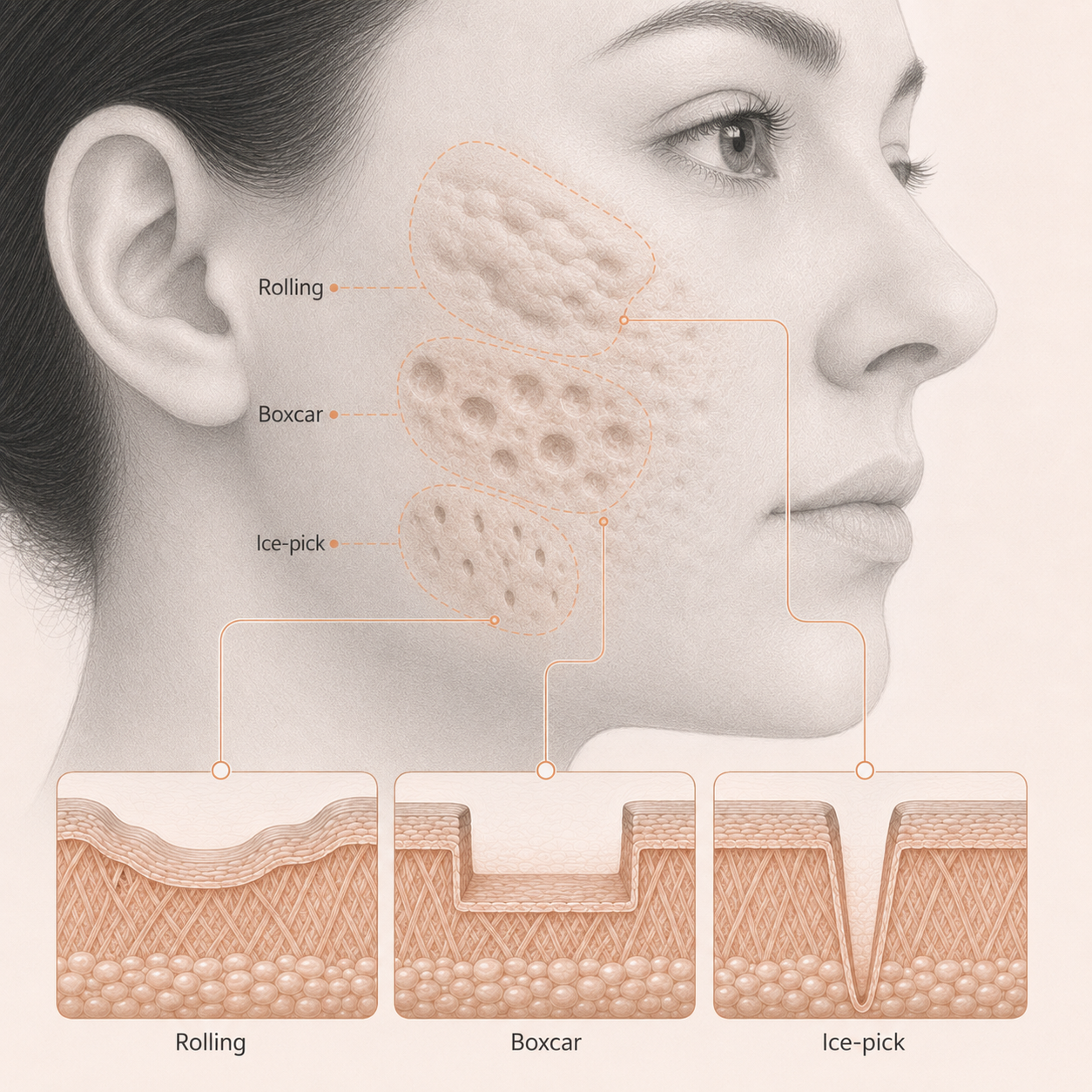 Rolling, boxcar, and ice-pick acne scars shown with matching skin cross-sections illustrating differences in scar shape and depth.