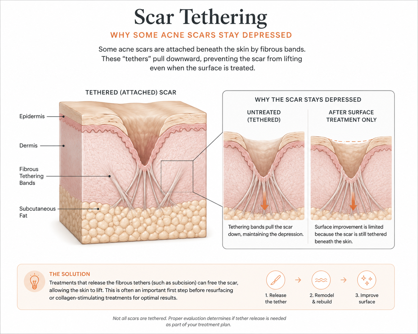 Tethered acne scar with fibrous bands anchoring the scar downward beneath the skin, shown in facial and cross-sectional views.
