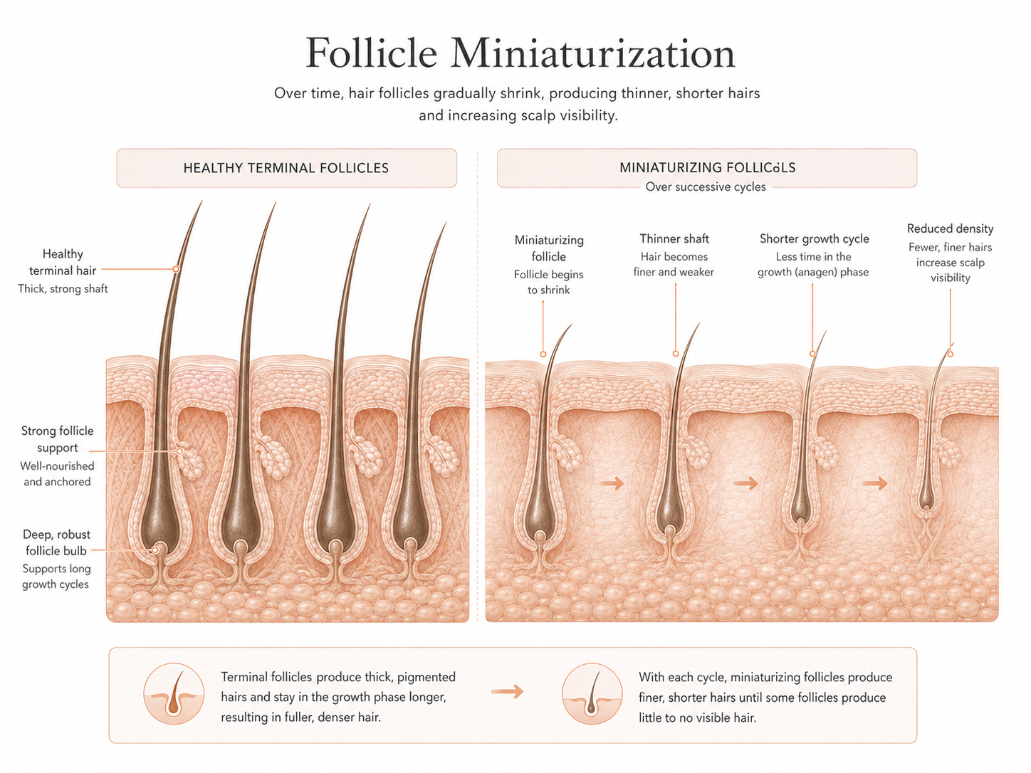 Healthy terminal hair follicles compared with progressively miniaturizing follicles, showing thinner hair shafts, shorter growth cycles and reduced hair density over time.