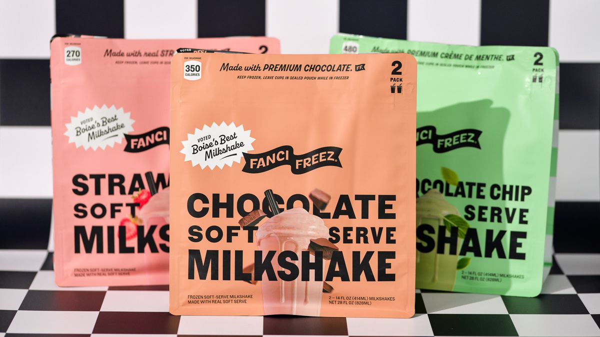 three flavors of Fanci Freez milkshake packaging