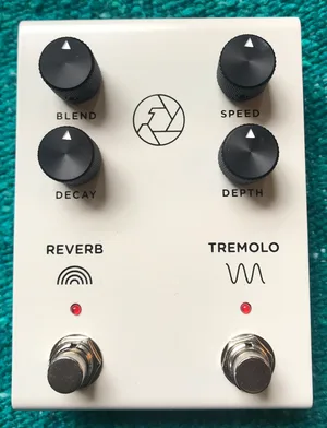 Milkman F-Stop pedal — top view showing Blend, Speed, Decay, Depth knobs and Reverb/Tremolo footswitches