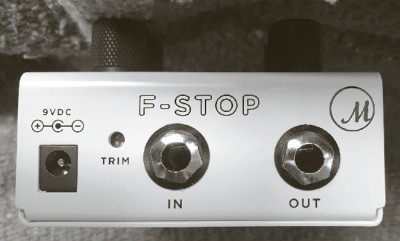 F-Stop pedal — rear panel showing 9VDC input, TRIM pot, IN and OUT jacks