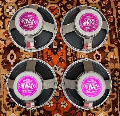 Four vintage Hiwatt-branded speakers