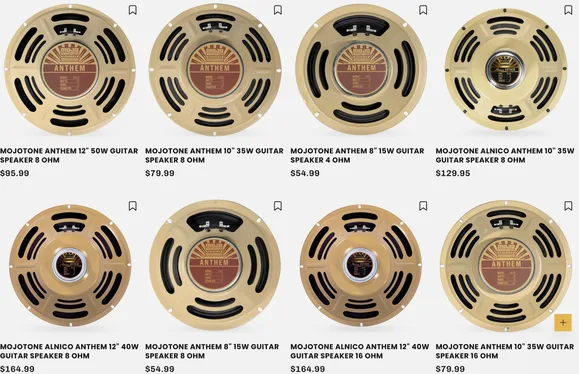Mojotone web store grid showing the Anthem speaker line