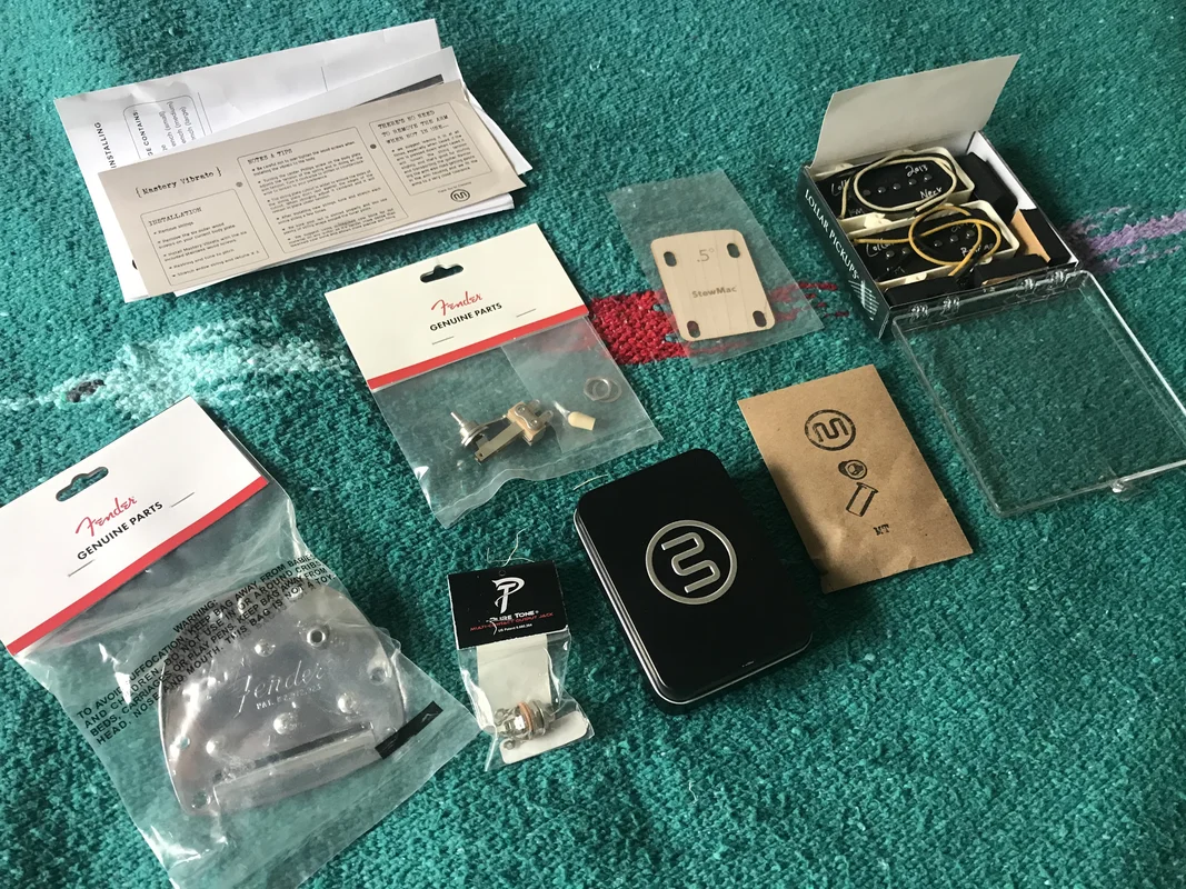 Squier JM upgrades — parts laid out