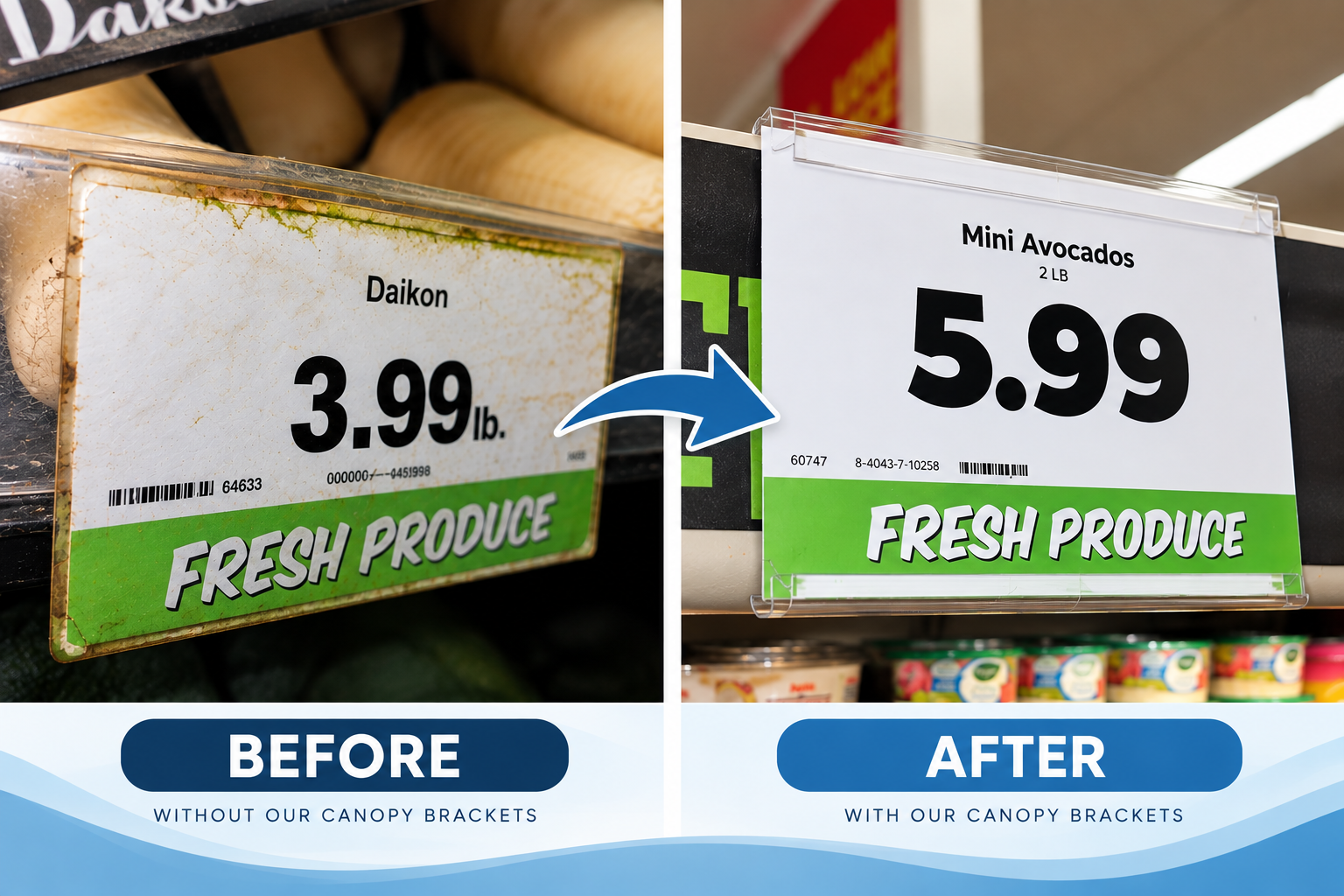 Before and after: a worn shelf tag compared with a sign held in a canopy bracket