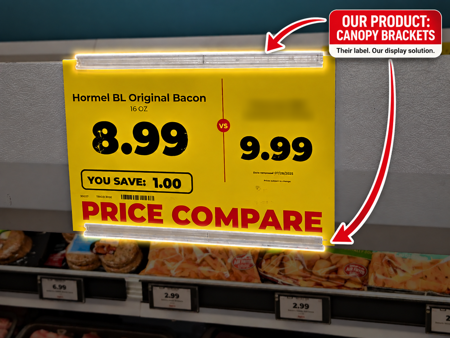 Canopy brackets holding the top and bottom edges of a price compare sign