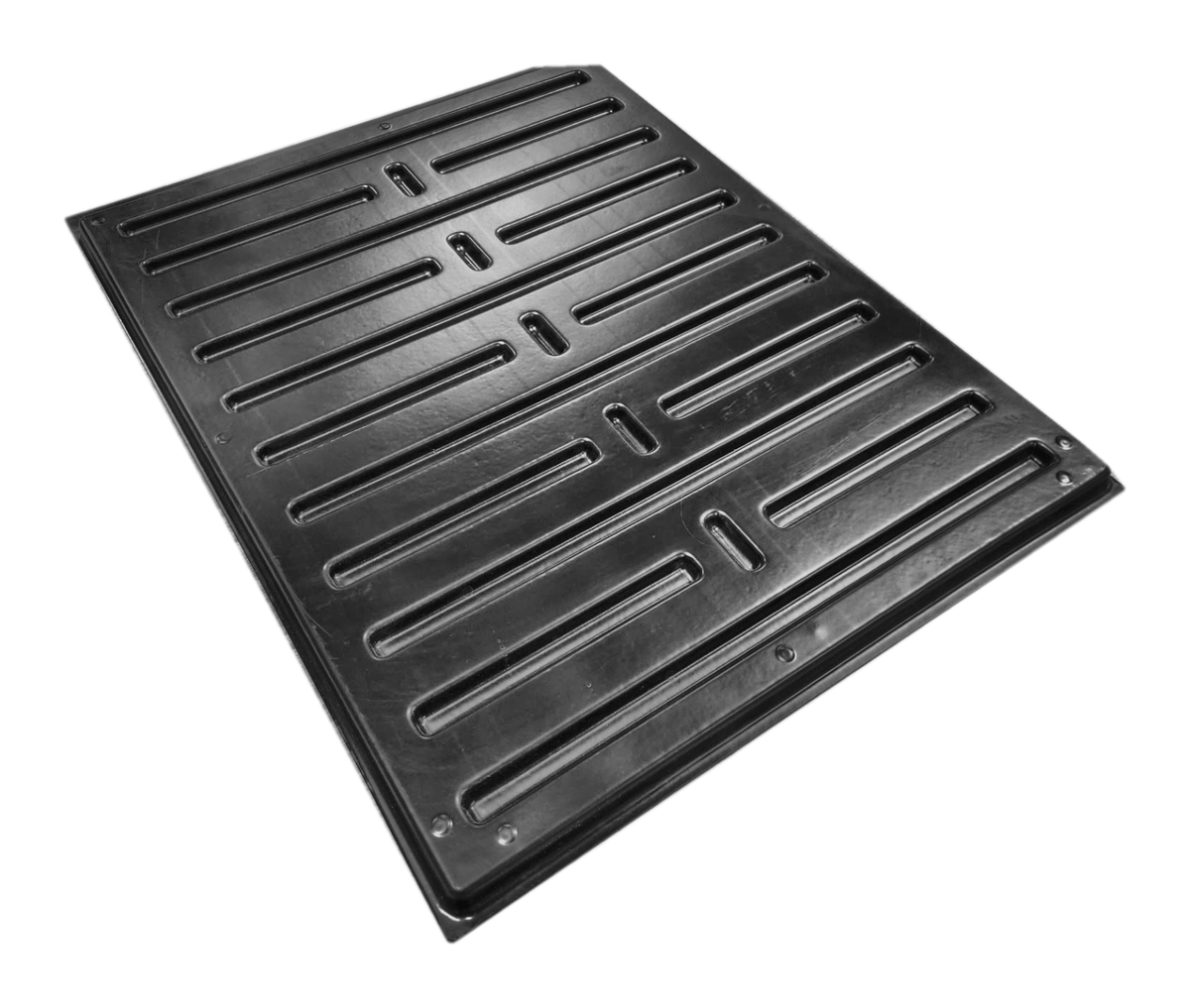 Freezer and cooler pan for Hussmann glass door cases, angled view