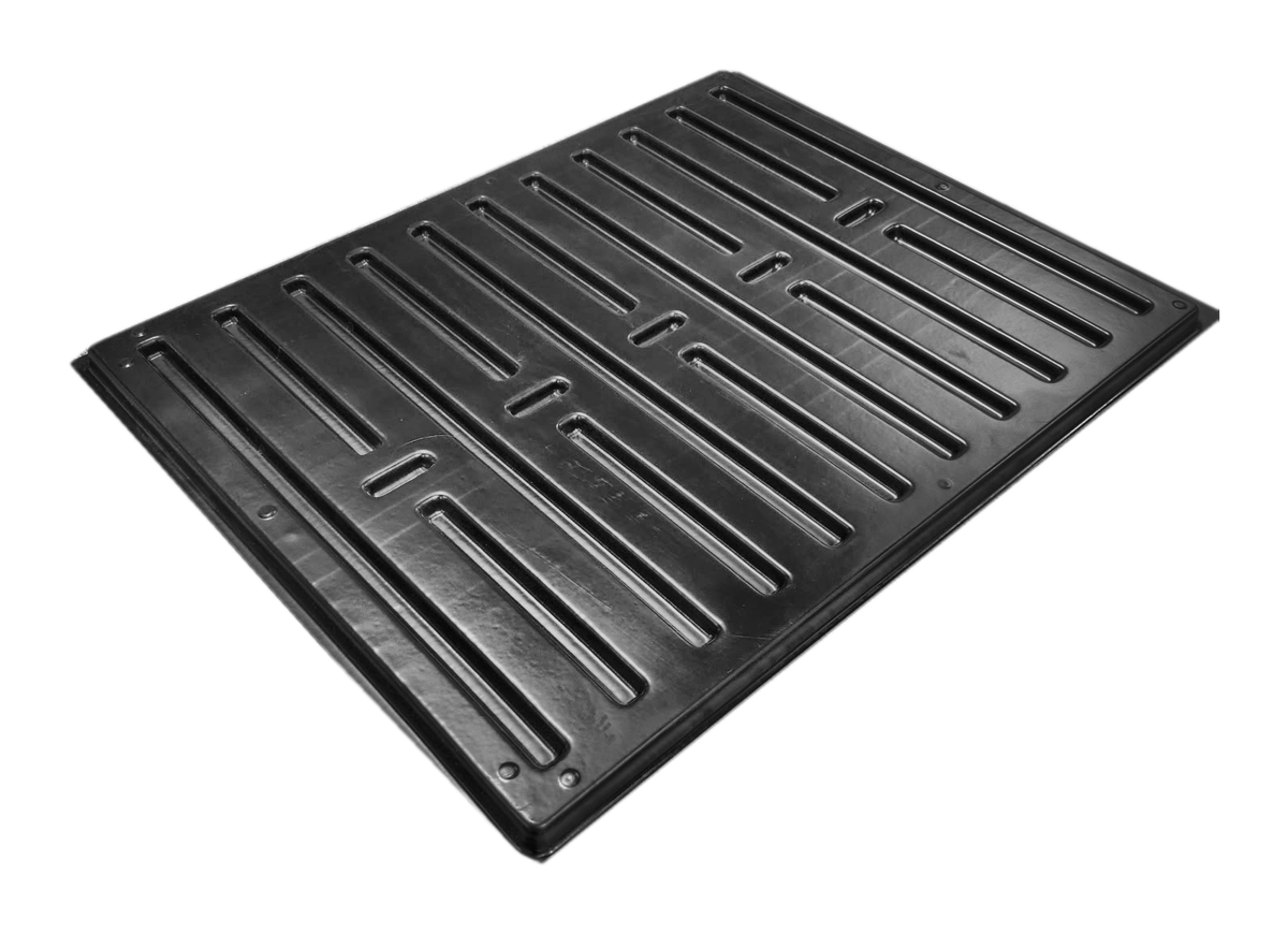 Freezer and cooler pan for Hussmann glass door cases, side angle