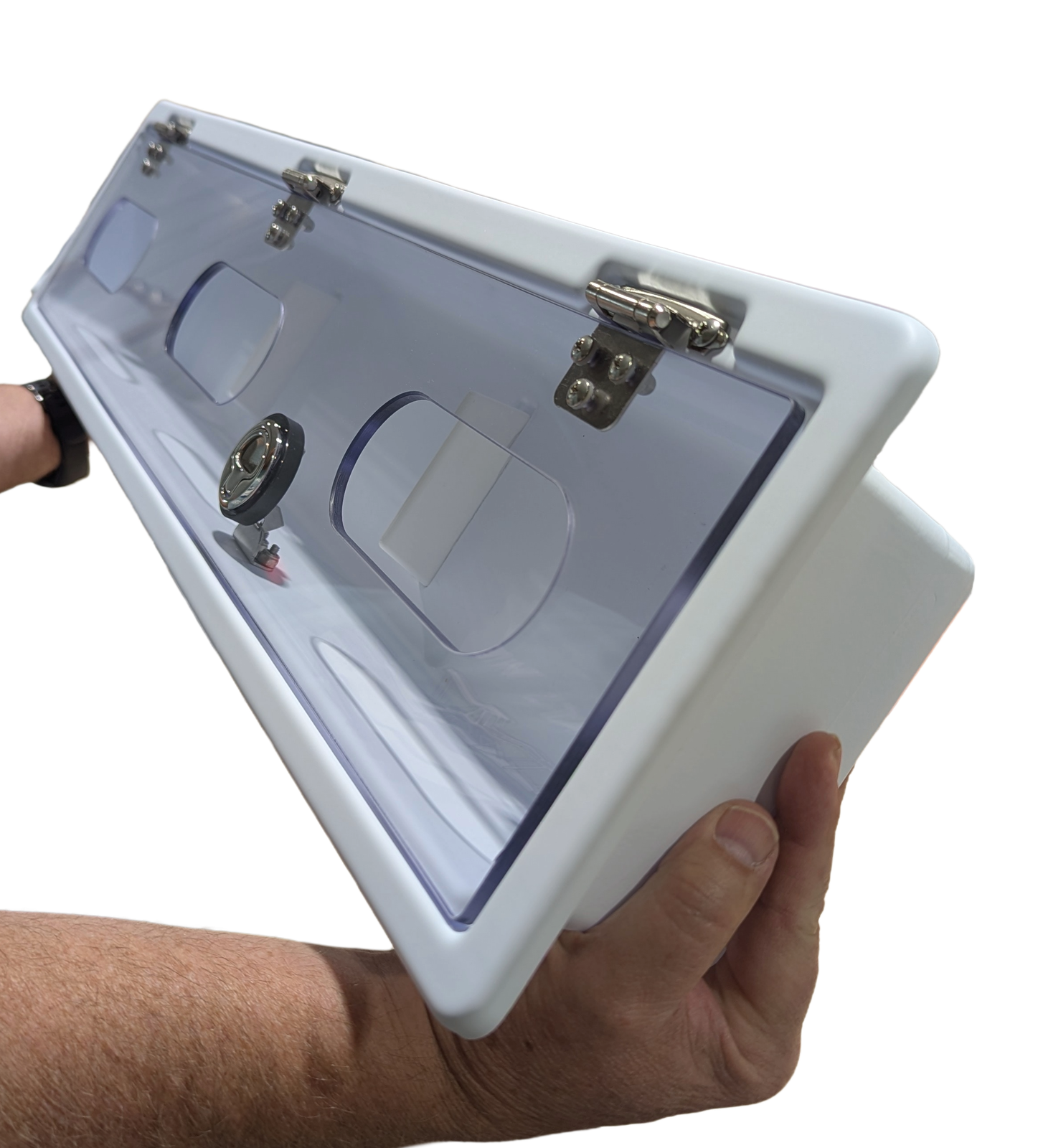 Triple glove box deep draw pan held at an angle, showing the clear hinged door