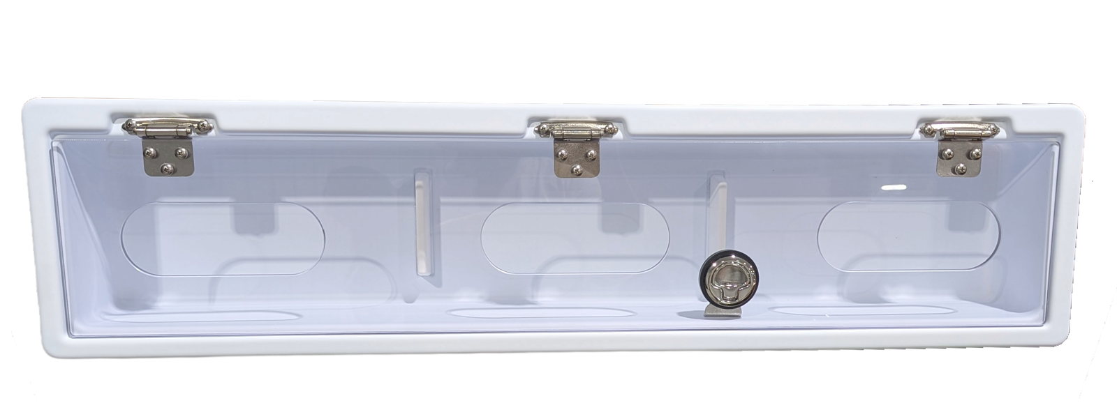 Triple glove box deep draw pan, front view